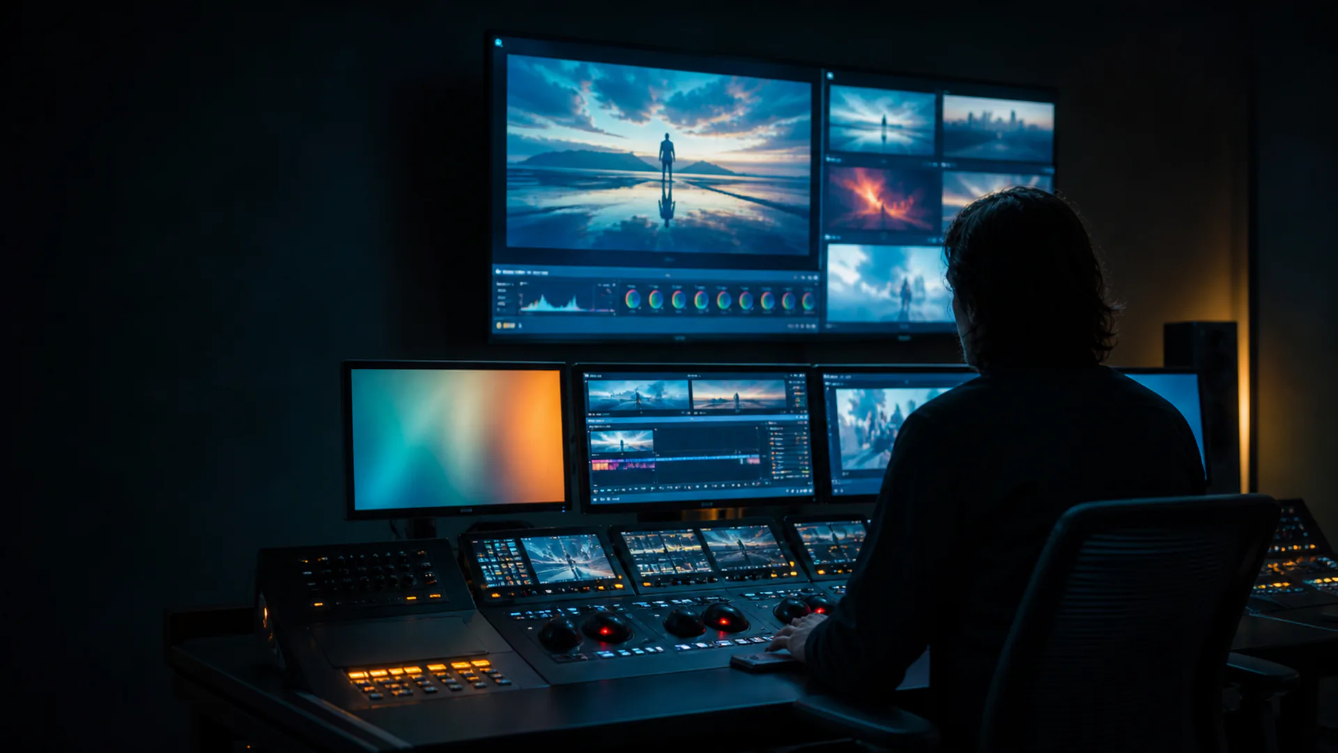Anonymous operator working in a blue-hour cinematic post-production control room