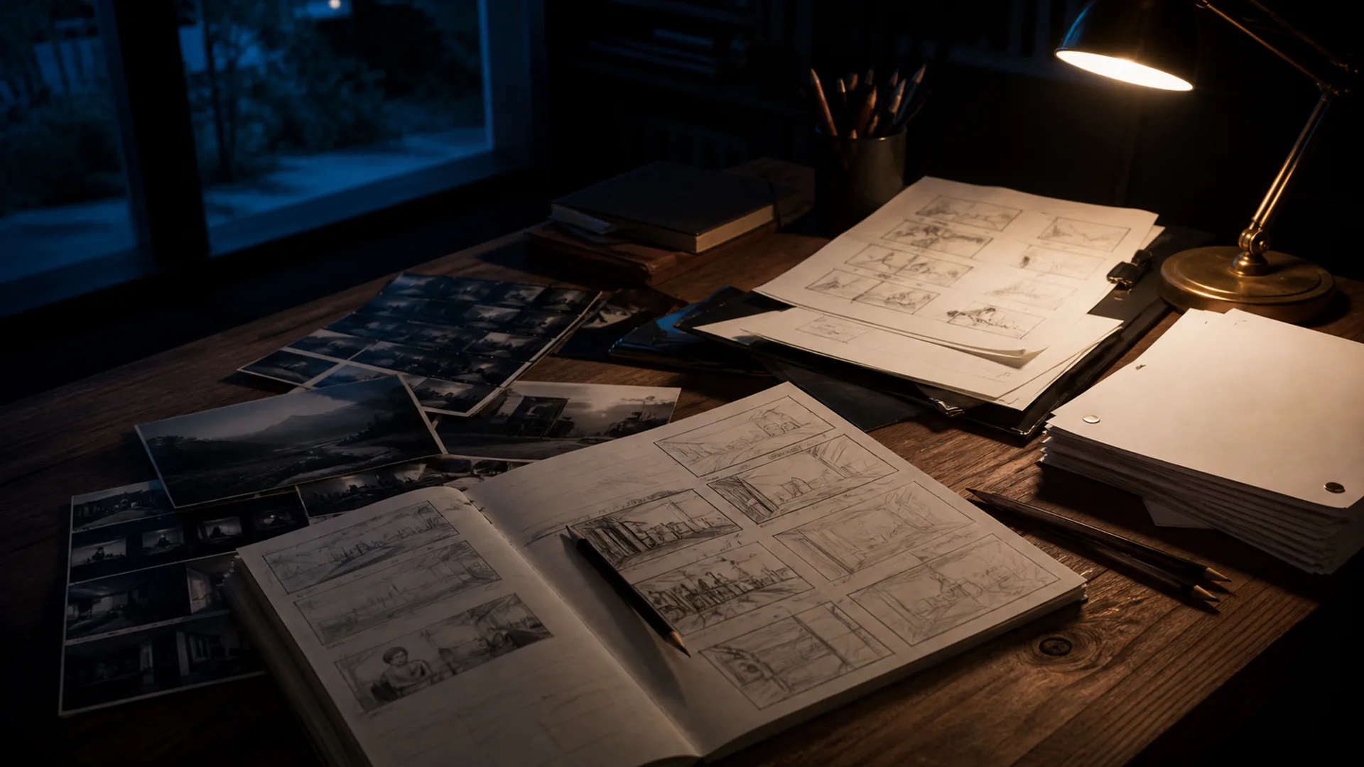 Storyboards and screenplay materials on a development desk under warm studio light